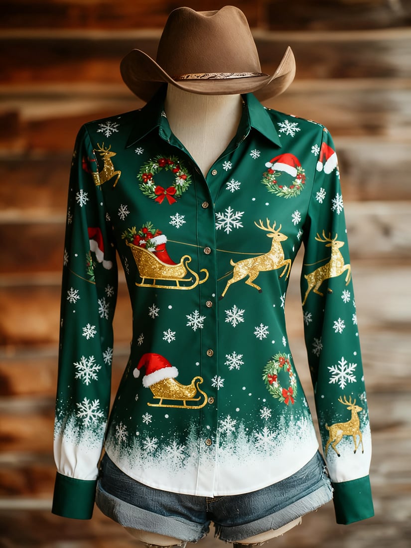 Women's Vintage Casual Christmas Western Long Sleeve Shirt