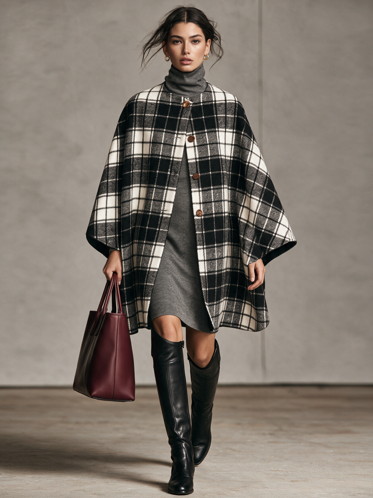 Women's Vintage Plaid Wool-Blend Collarless Cape-Style Coat