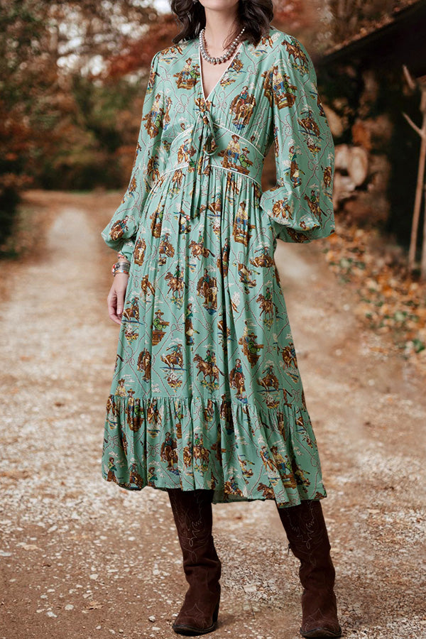 Western Cowgirl V-Neck Puff Sleeve Maxi Dress