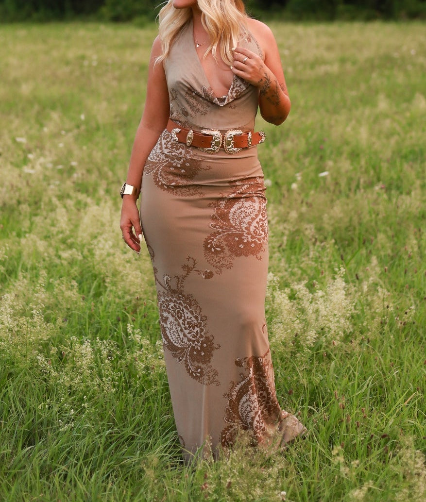 Cowl Halter Neck Floral Sleeveless Dress