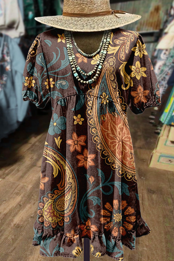 Retro Paisley Print Ruffle Hem Mini Dress