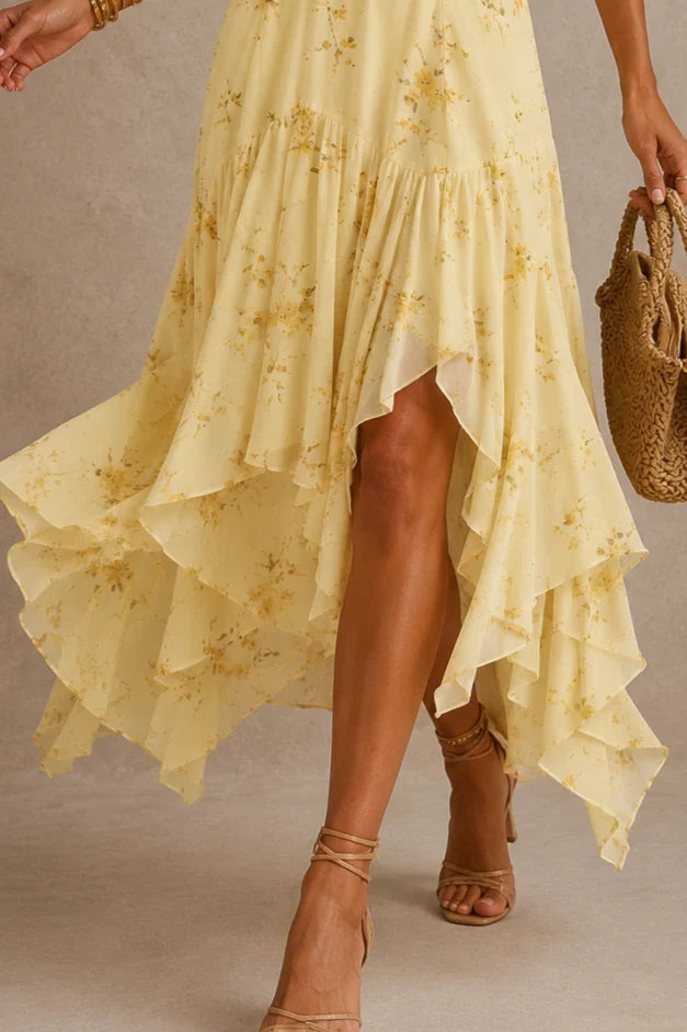 Yellow Floral Chiffon Handkerchief Midi Dress