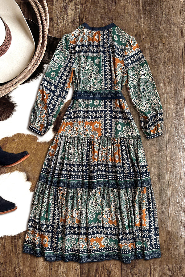 V Split Neckline Patterned Long Sleeve Midi Dress