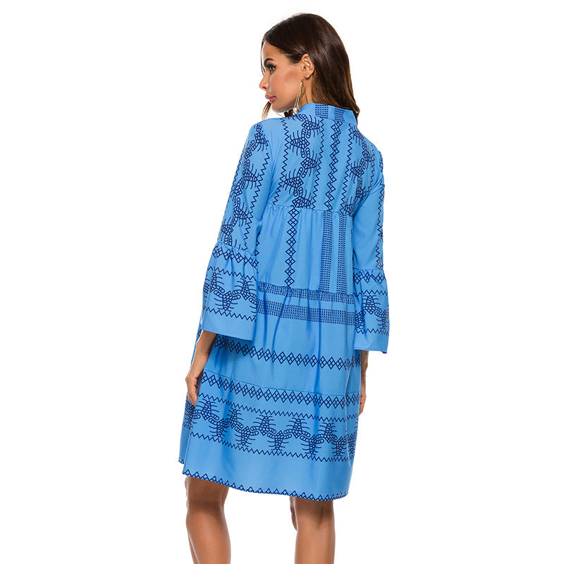 Boho Geometric Print V-Neck Flare Sleeve Loose Babydoll Dress