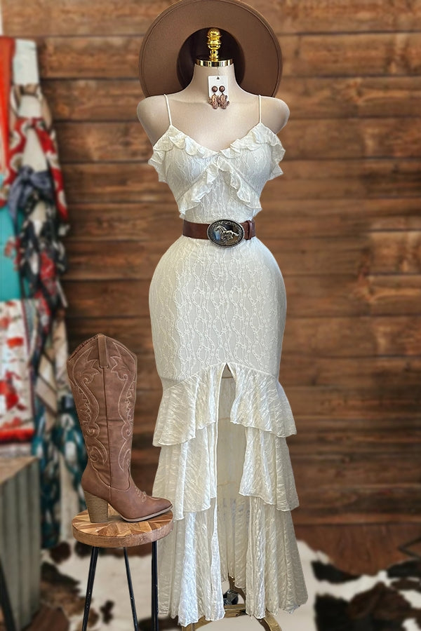 V-Neck Ruffled Lace Maxi Dress