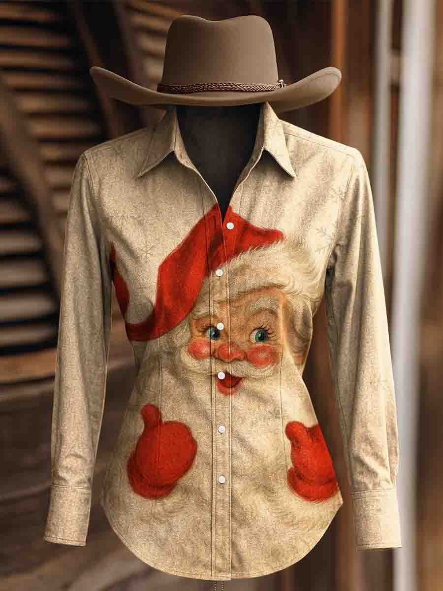 Women's Vintage Christmas Print Western Long Sleeve Shirt