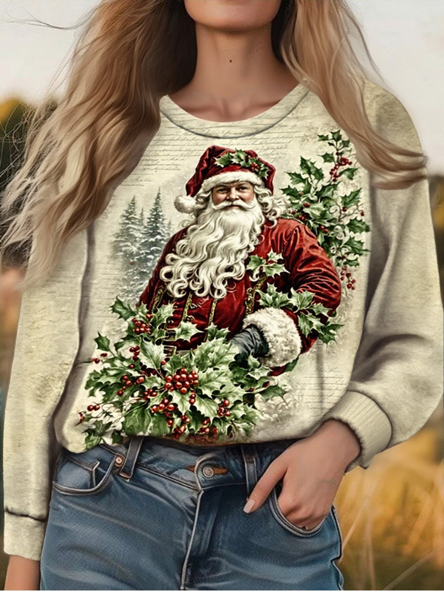 Vintage Santa Claus Print Long Sleeve Sweatshirt