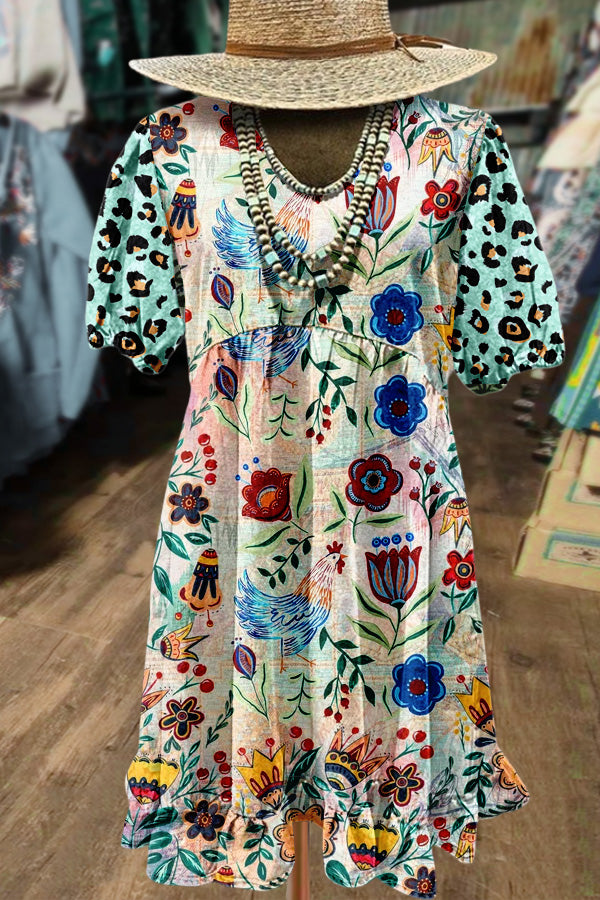 Chic Floral Print Leopard Puff Sleeve Mini Dress