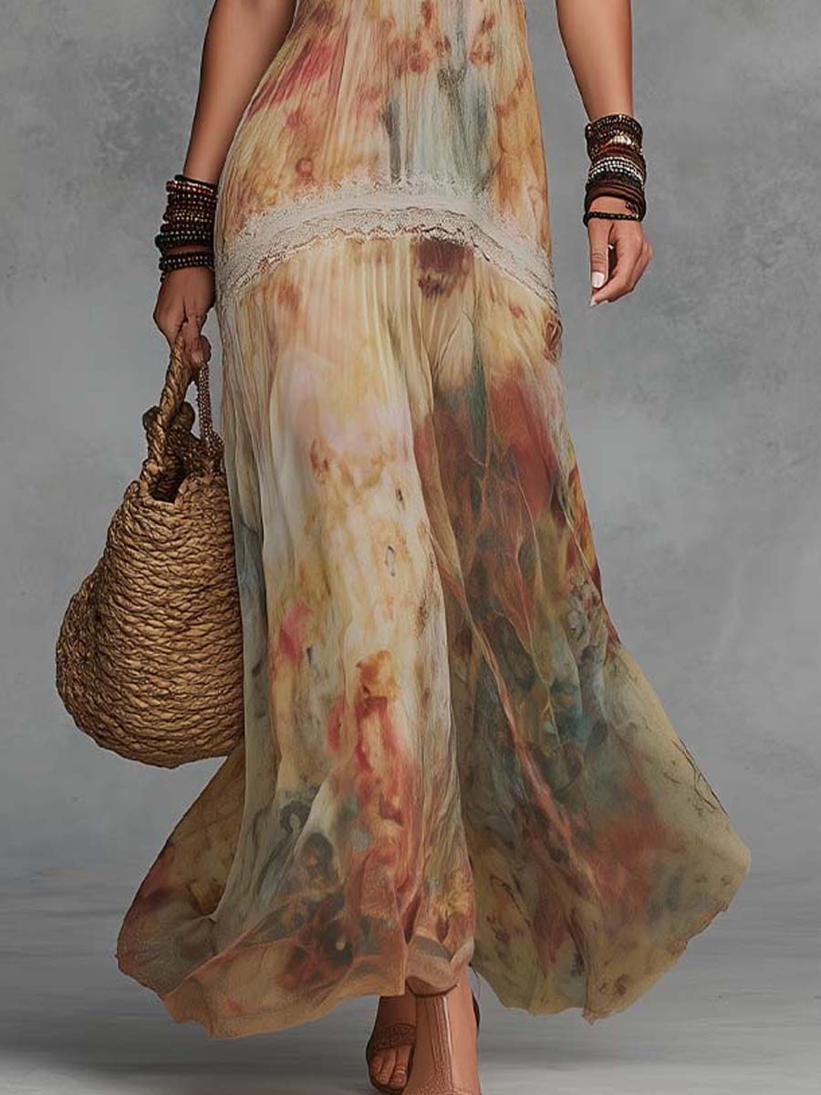 Bohemian Halter Chiffon Lace Watercolor Print Maxi Dress
