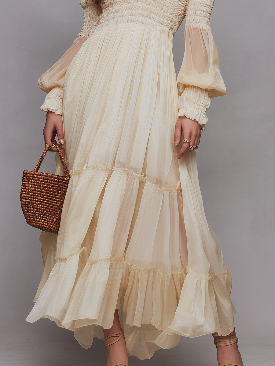 Romantic Shirred Off-the-Shoulder Chiffon Maxi Dress