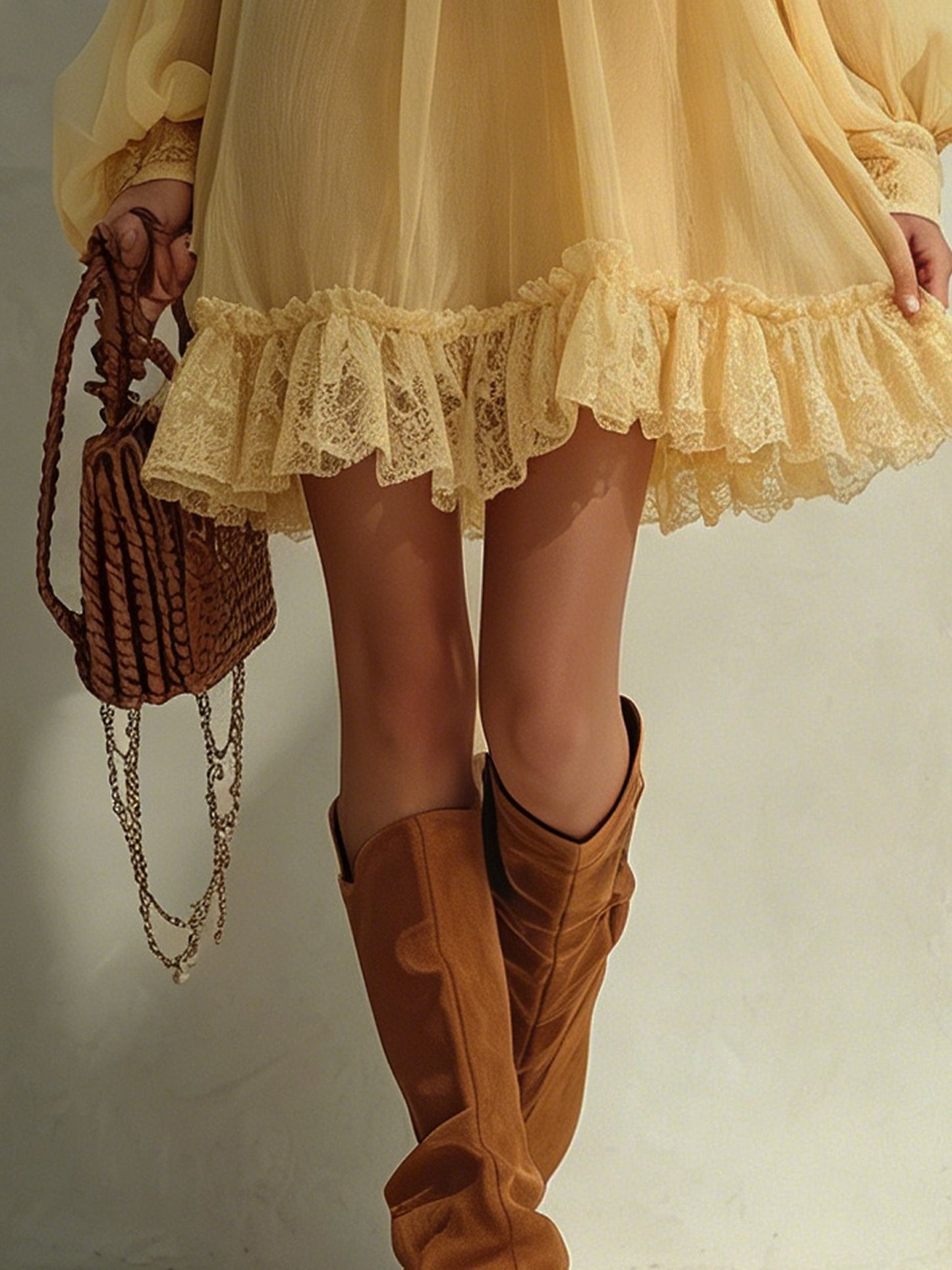 Lemon Chiffon Mini Dress With Lace Hem