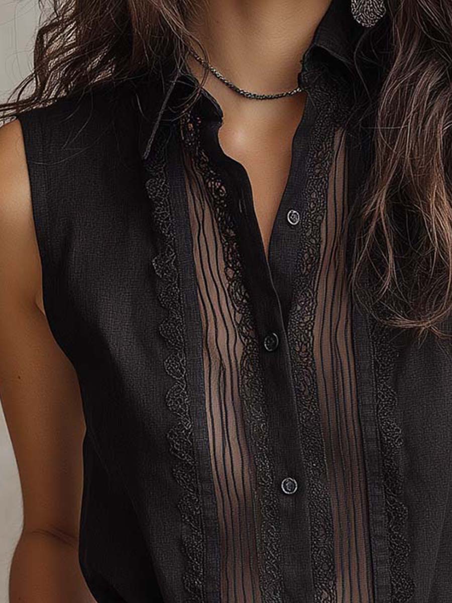 Boho Cotton-linen Lace Trim Sheer Sleeveless Button Down Shirt