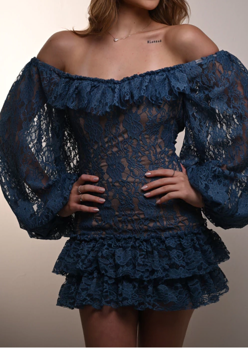 Off-Shoulder Lace Balloon Sleeve Ruffle Mini Dress