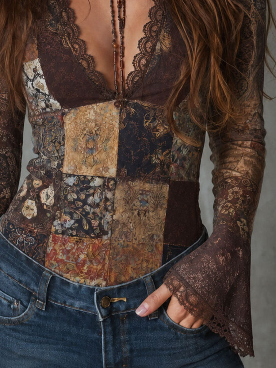 Retro Boho Patchwork Floral Print Lace Trim Top