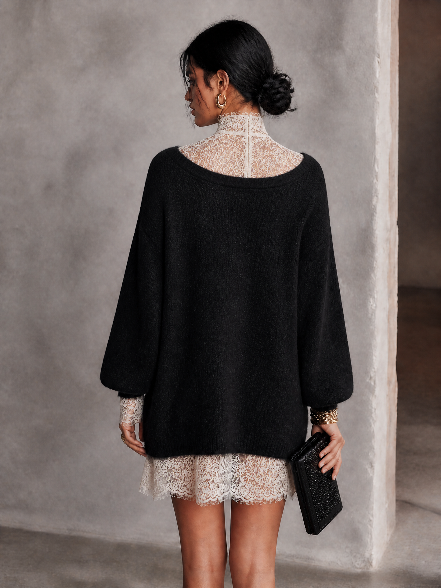 Women's Lace Trim Elegant Knit Mini Dress