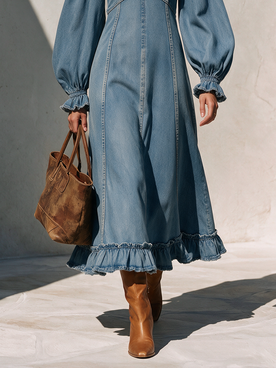 Women's V-Neck Lace-Trim Balloon-Sleeve Belted Ruffle-Hem Denim Maxi Dress