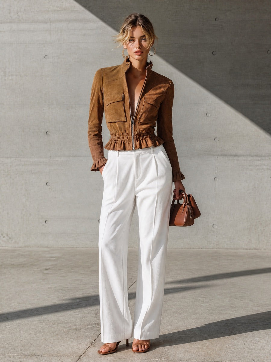 Women's Ruffled Waist Zip Front Brown Jacket