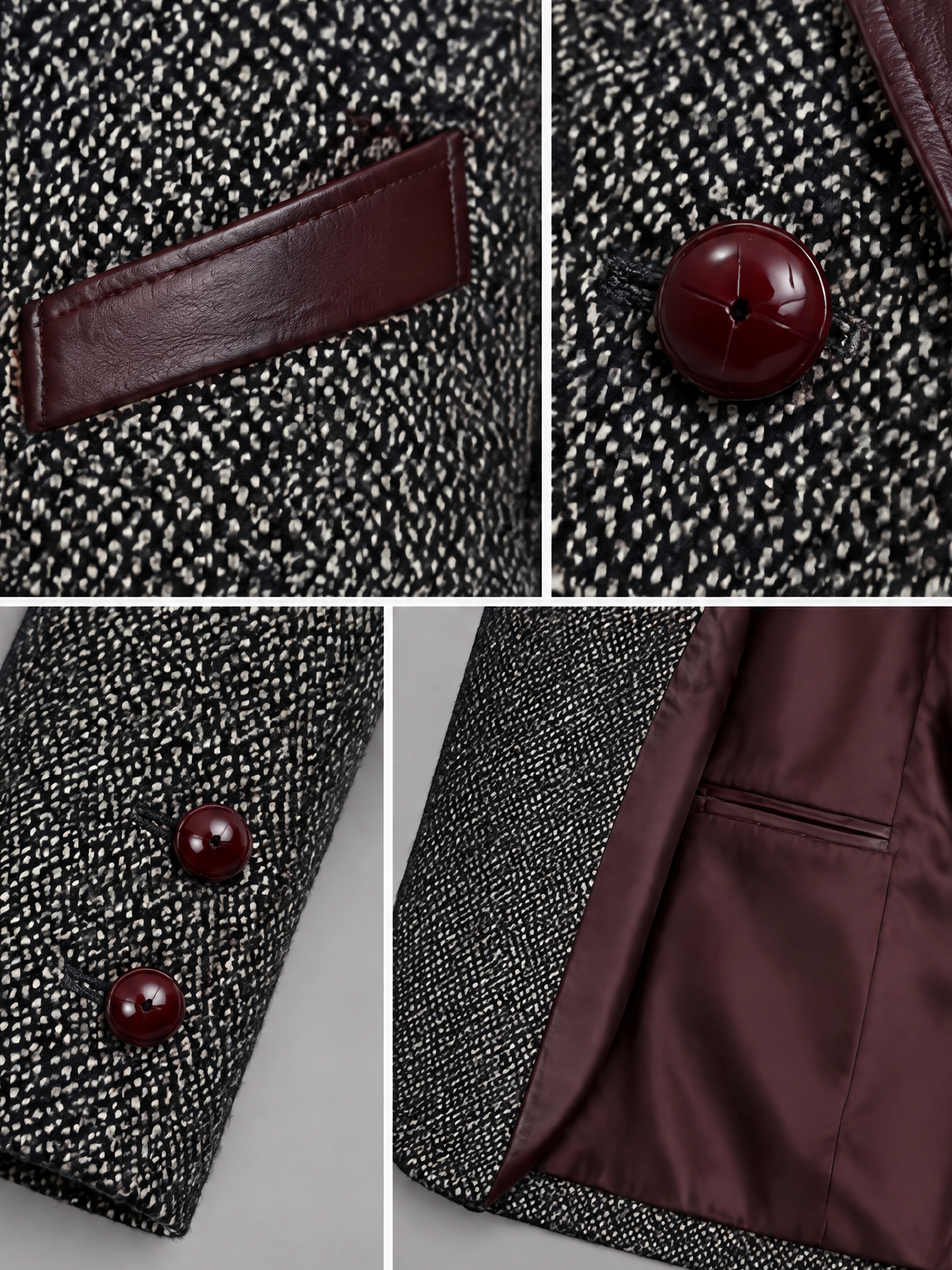 Women's Vintage-Style Wool-Blend Blazer With Panel Leather Lapel