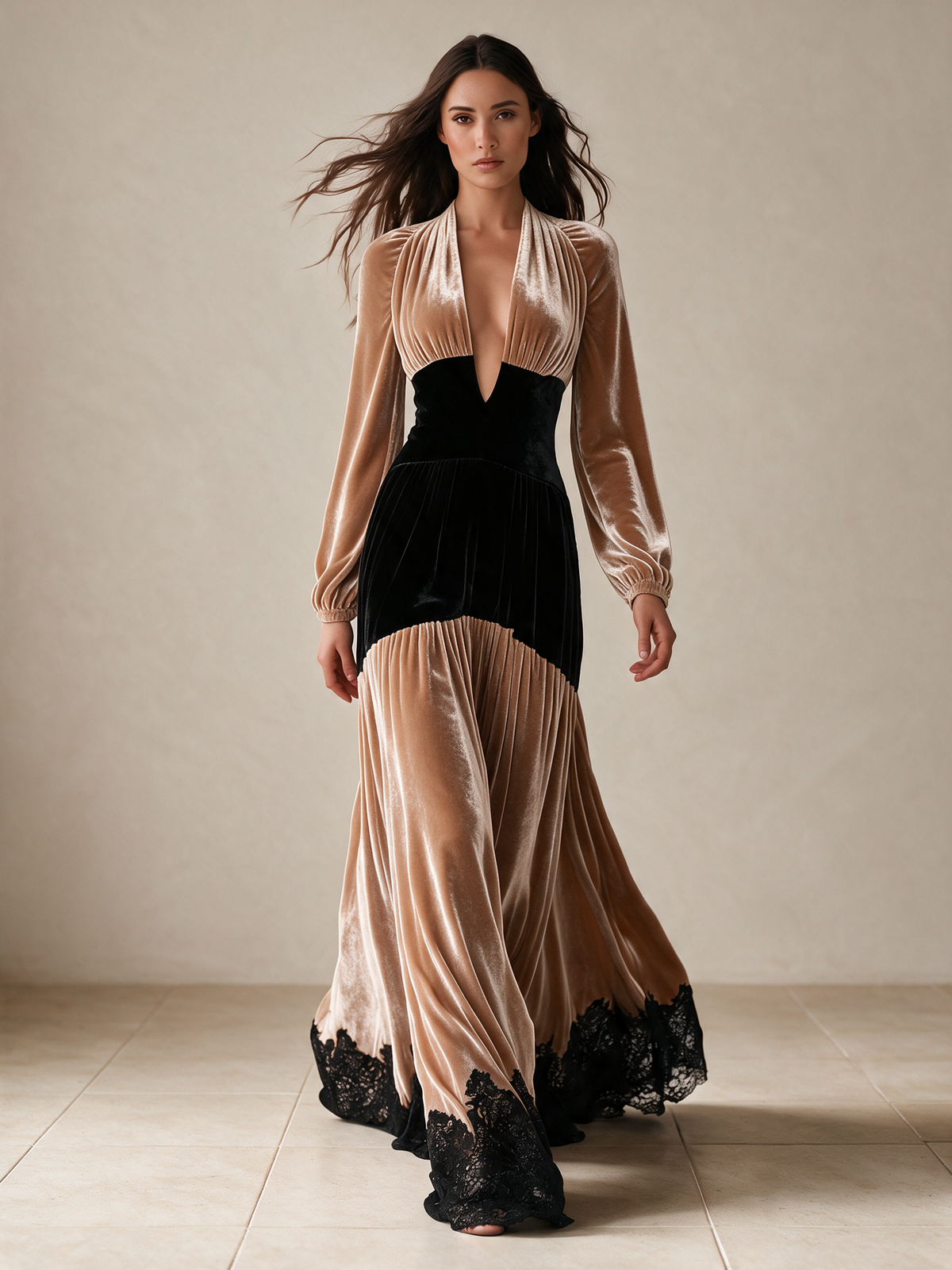 Women's Color Block Velvet Maxi Dress