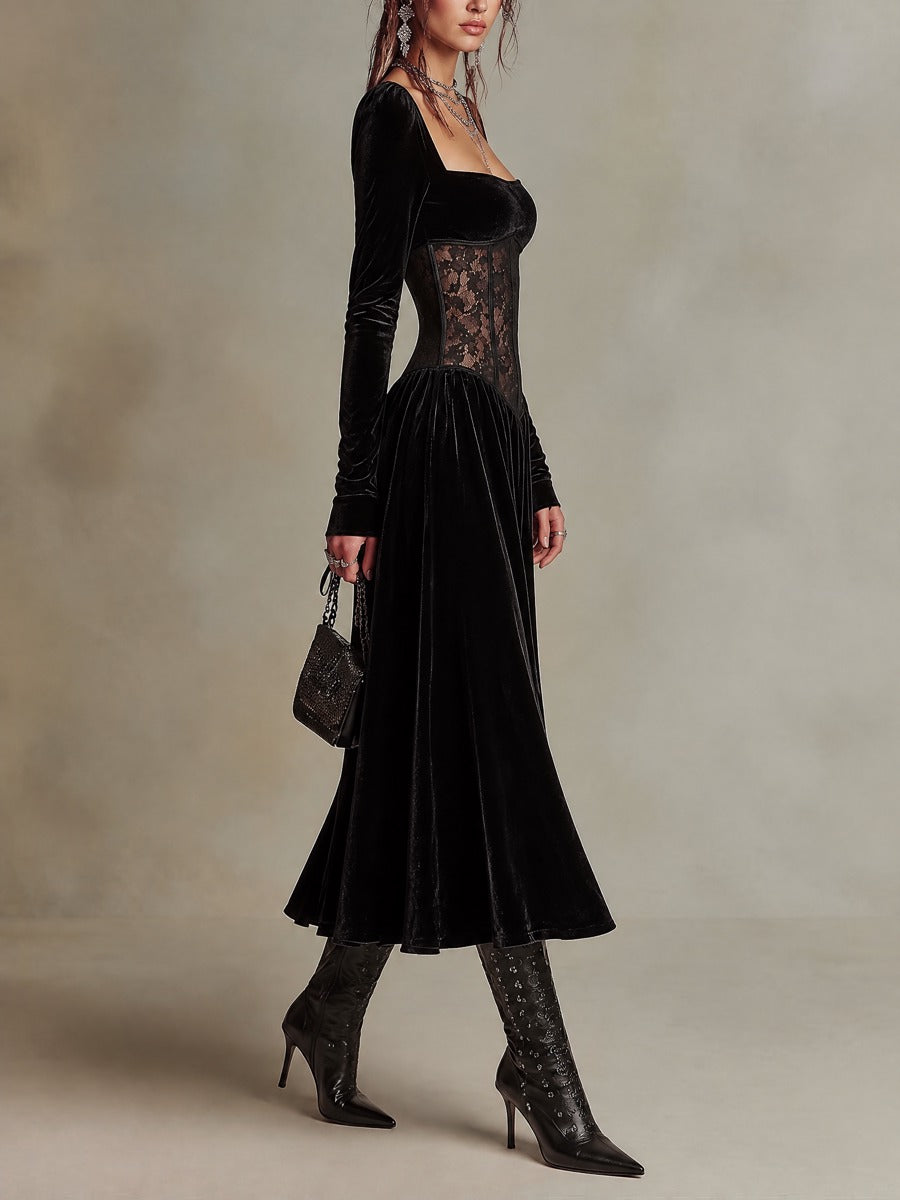 Black Velvet Square Neck Long Sleeve Midi Dress with Sheer Lace Corset Waist