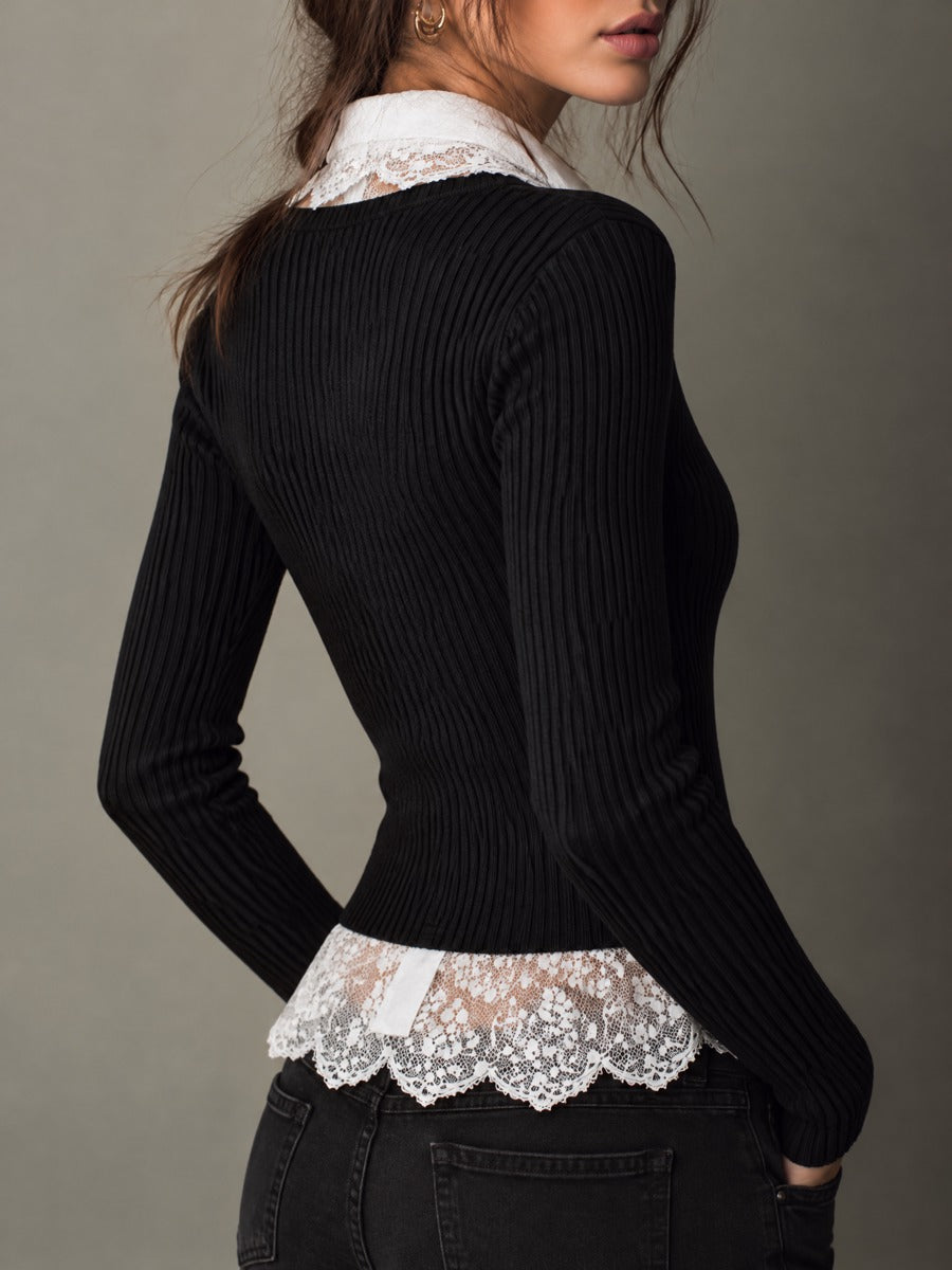 Elegant Ribbed Knit Fake Two-piece Cardigan With Lace Collar