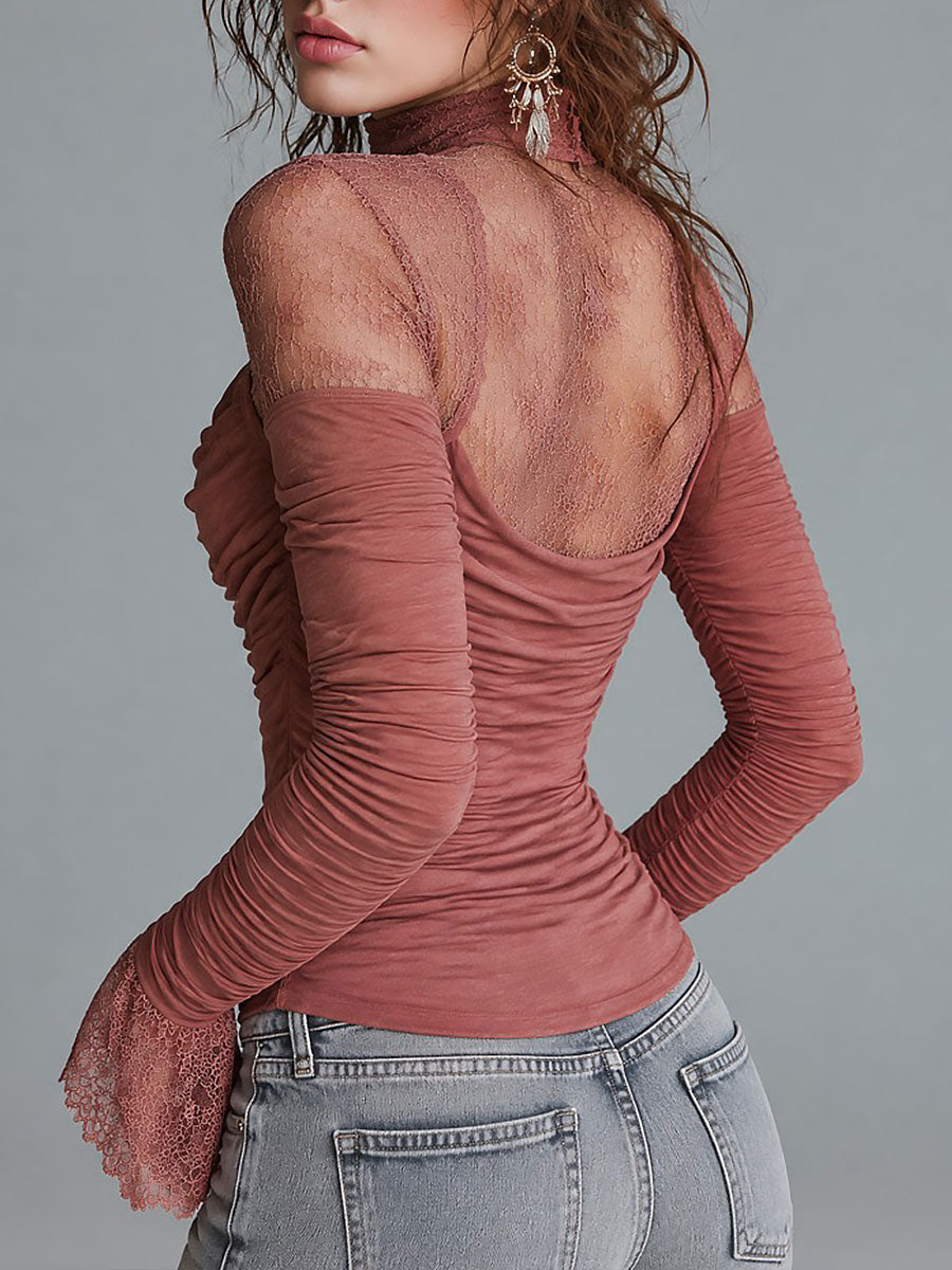 Stylish Dusty Rose Lace Mock Neck Ruched Top with Flared Lace Cuffs