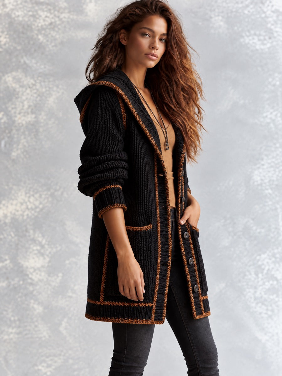 Retro Black Knit Hooded Longline Pockets Cardigan With Contrast Brown Trim