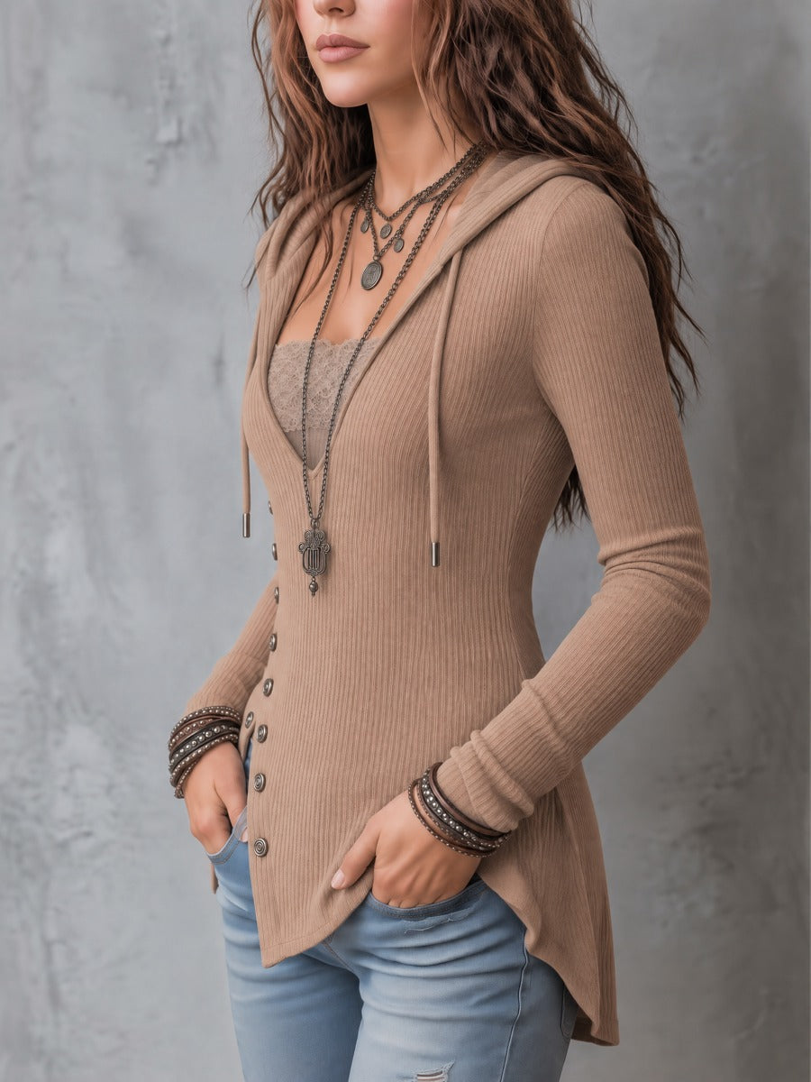 Lace Panel Asymmetric Button Hem Ribbed Knit Hooded Top