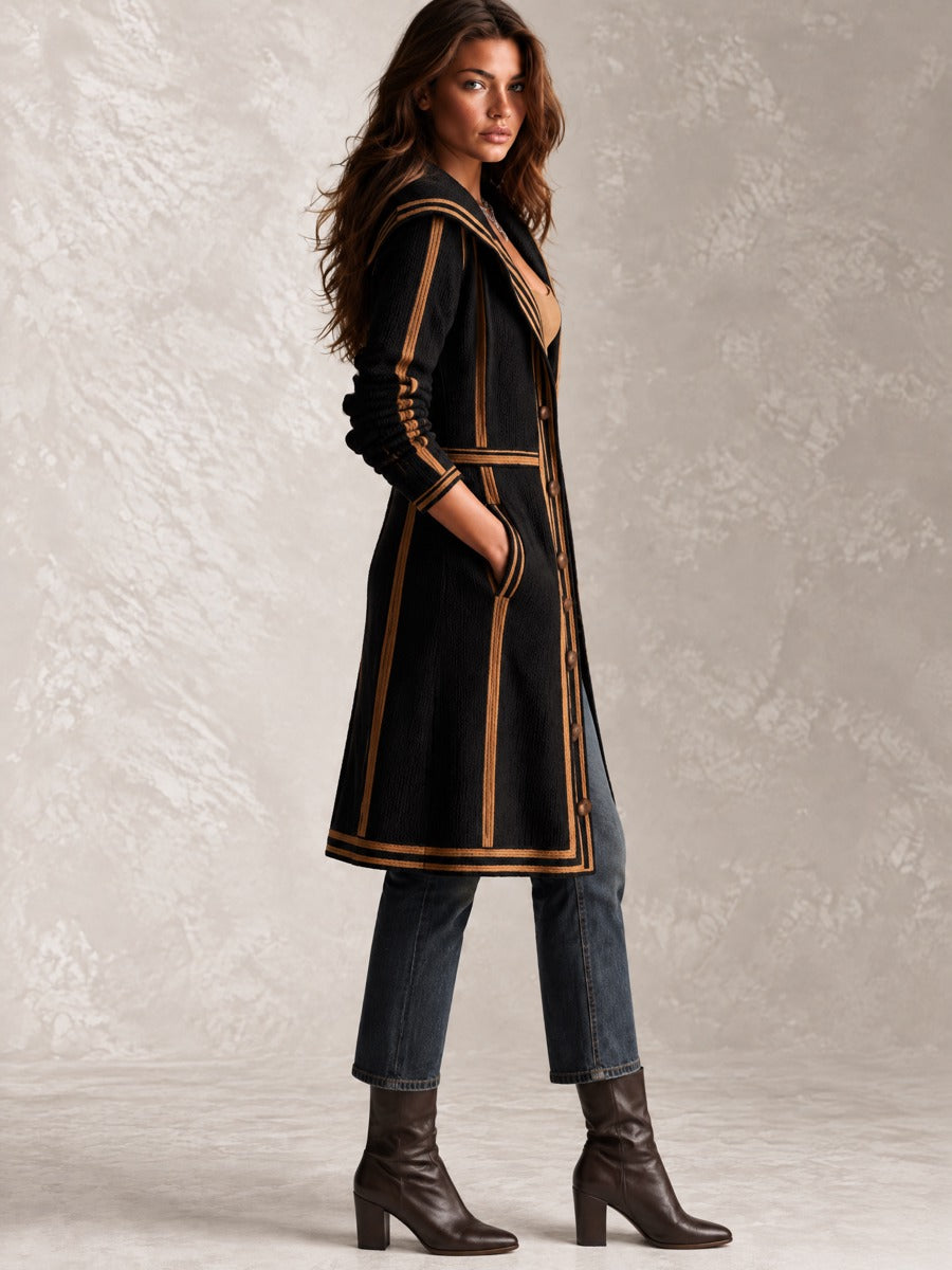 Retro Black Knit Long Tailored Cardigan Coat WithContrast Trim