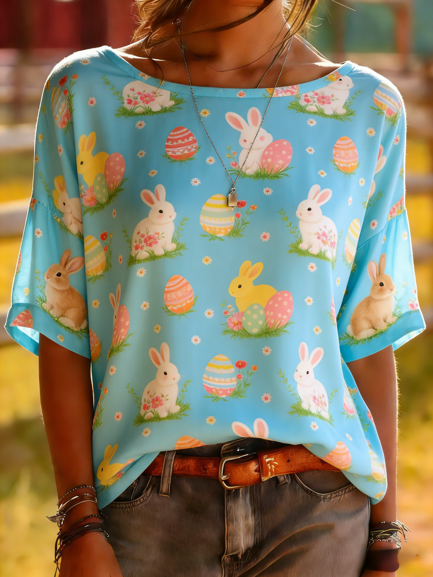Blue Easter Bunny and Eggs Print Top - Spring Holiday Tee