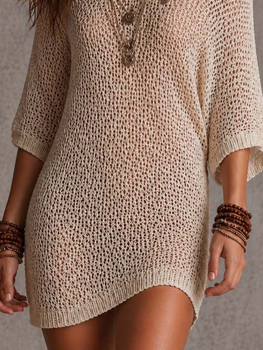 Boho Cream Open-Knit Off-Shoulder Cover-Up Mini Dress