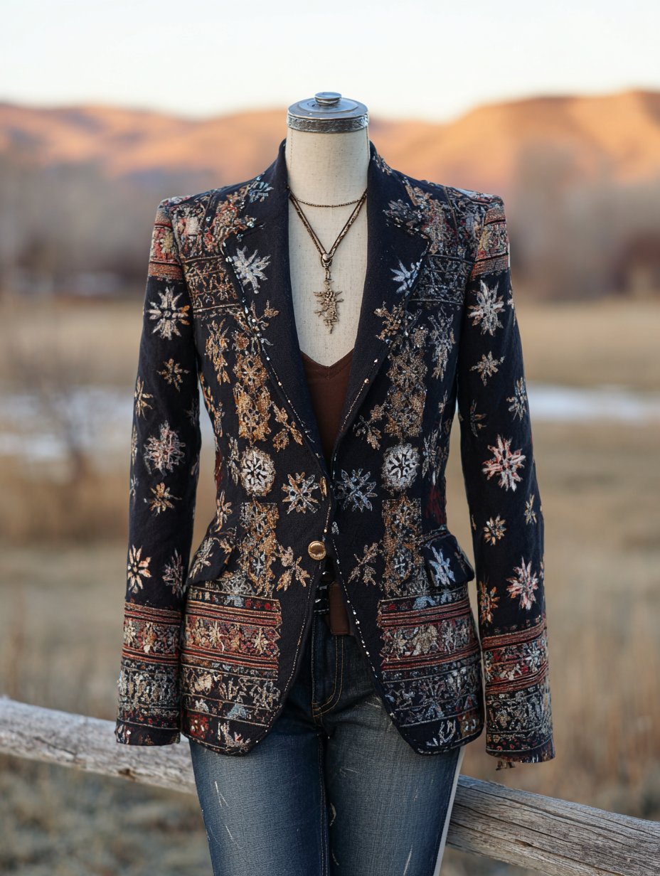 Women's Vintage Western Christmas Snowflake Print Blazer