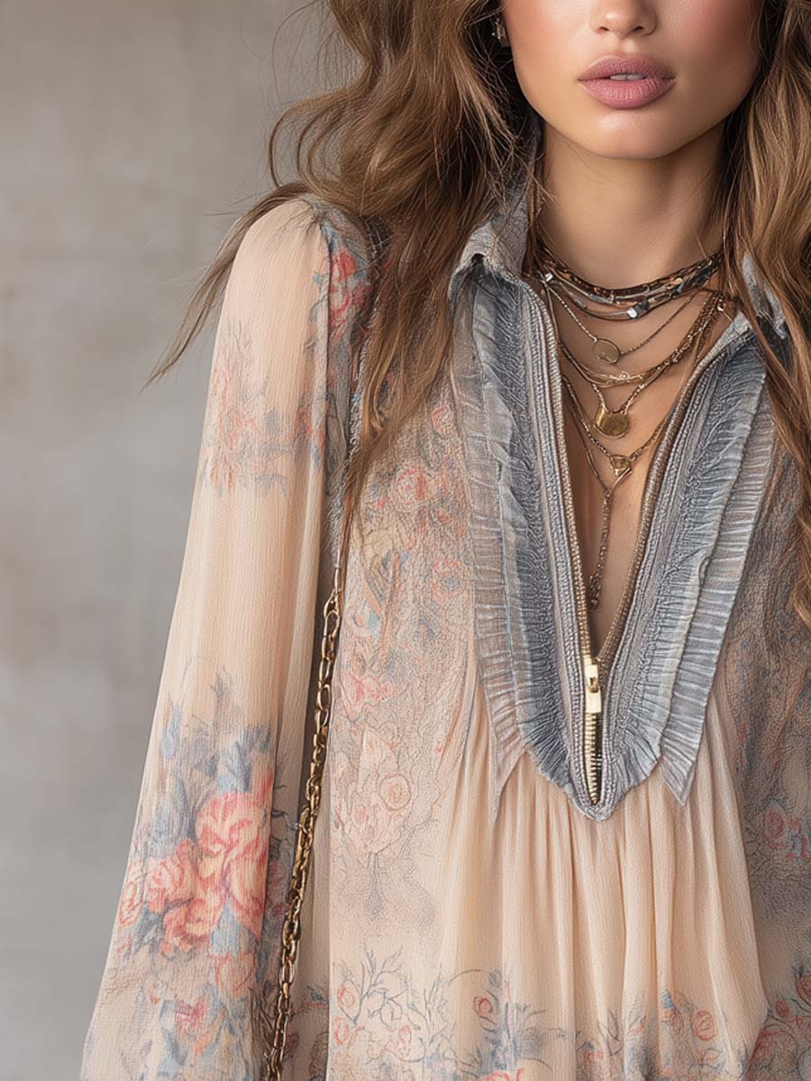 Vintage-style Ruffled Collar Floral Chiffon Blouse