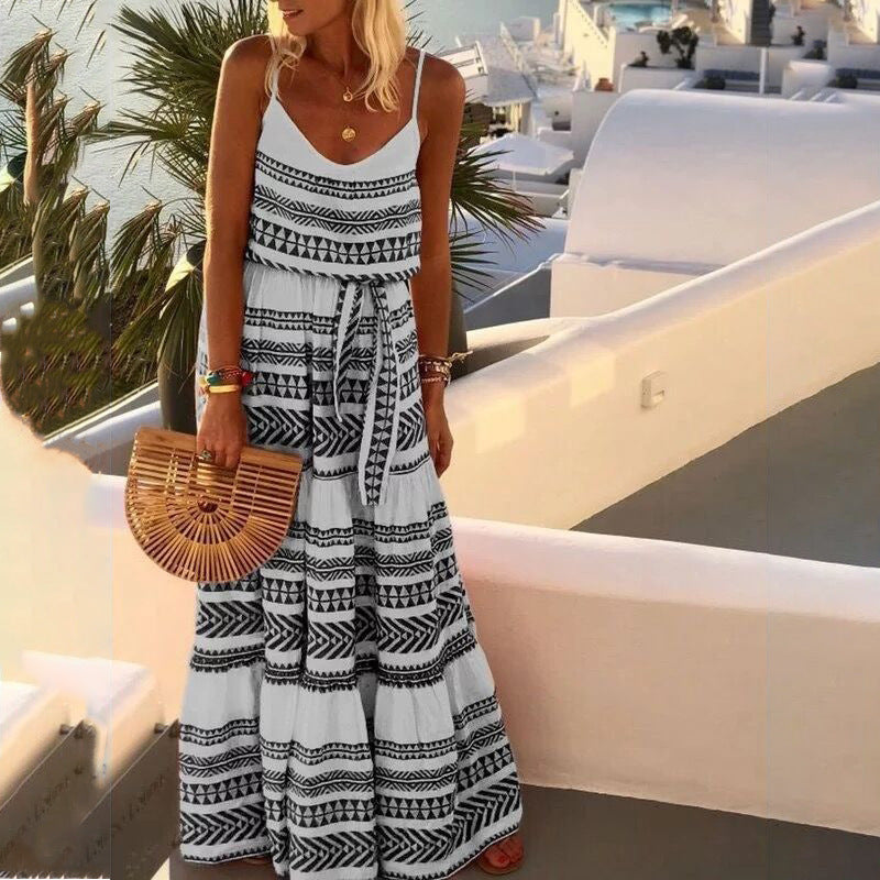 Boho Geometric Print V-Neck Spaghetti Strap Tiered Maxi Dress