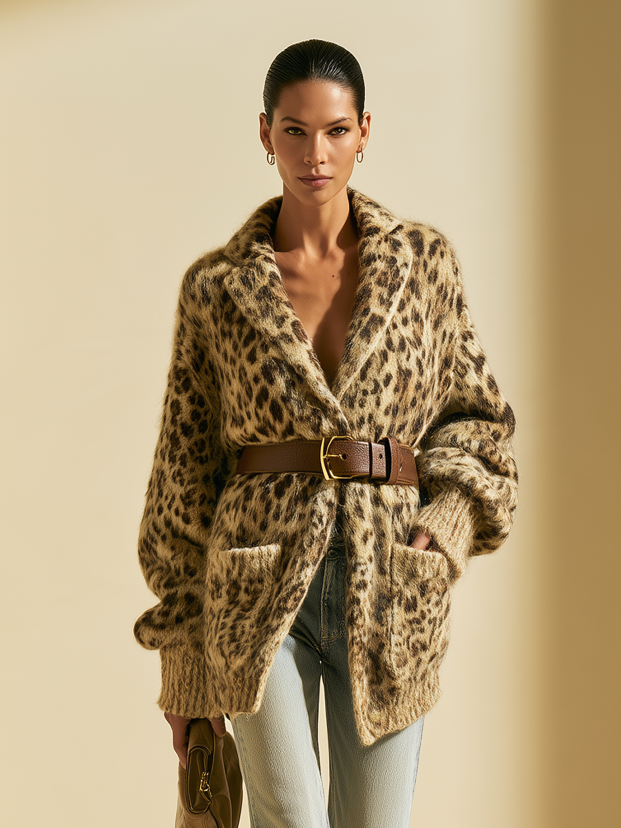 Women's Oversized Leopard Print Fuzzy Knit Cardigan