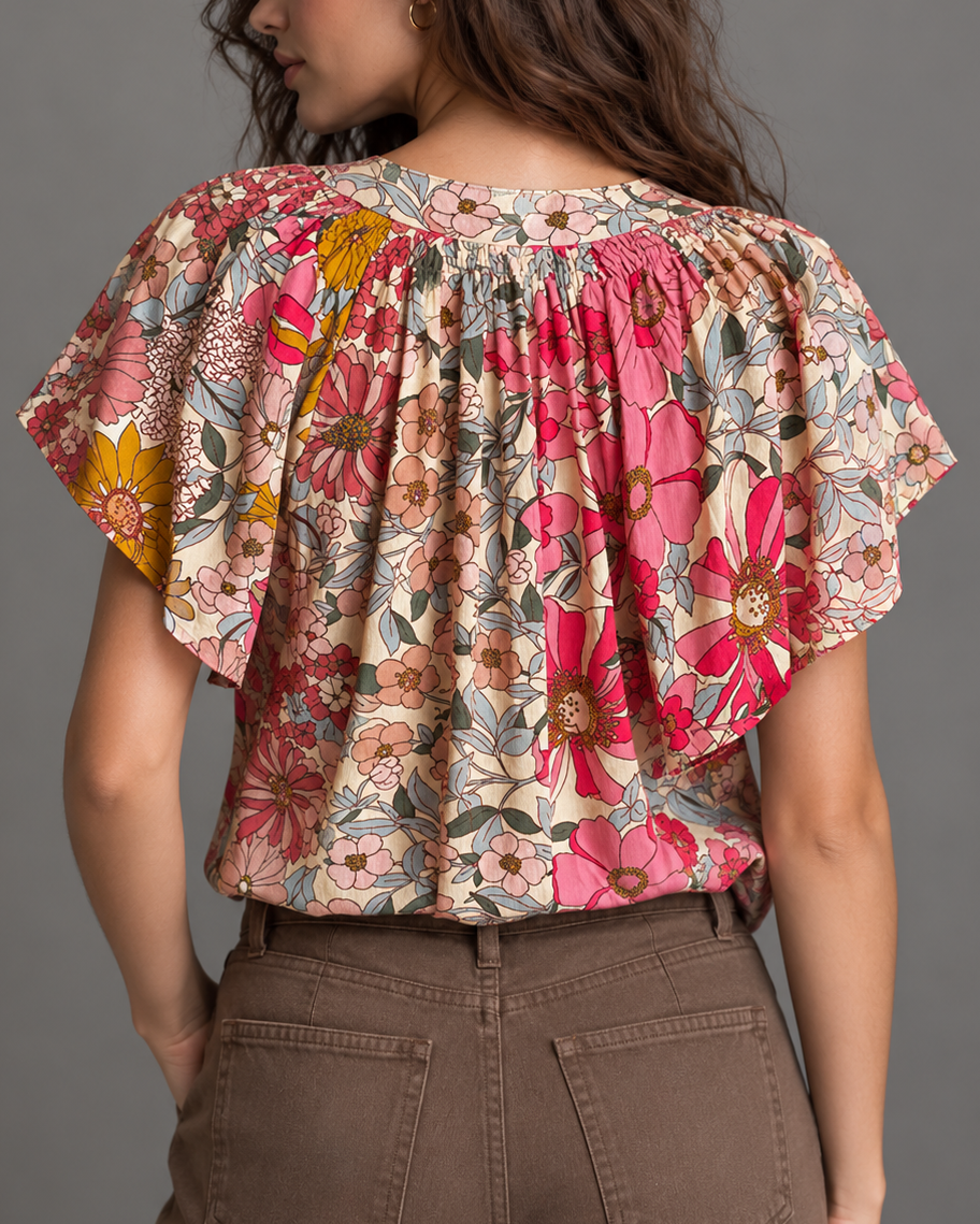 Floral Print V-Neck Flutter Sleeve Top