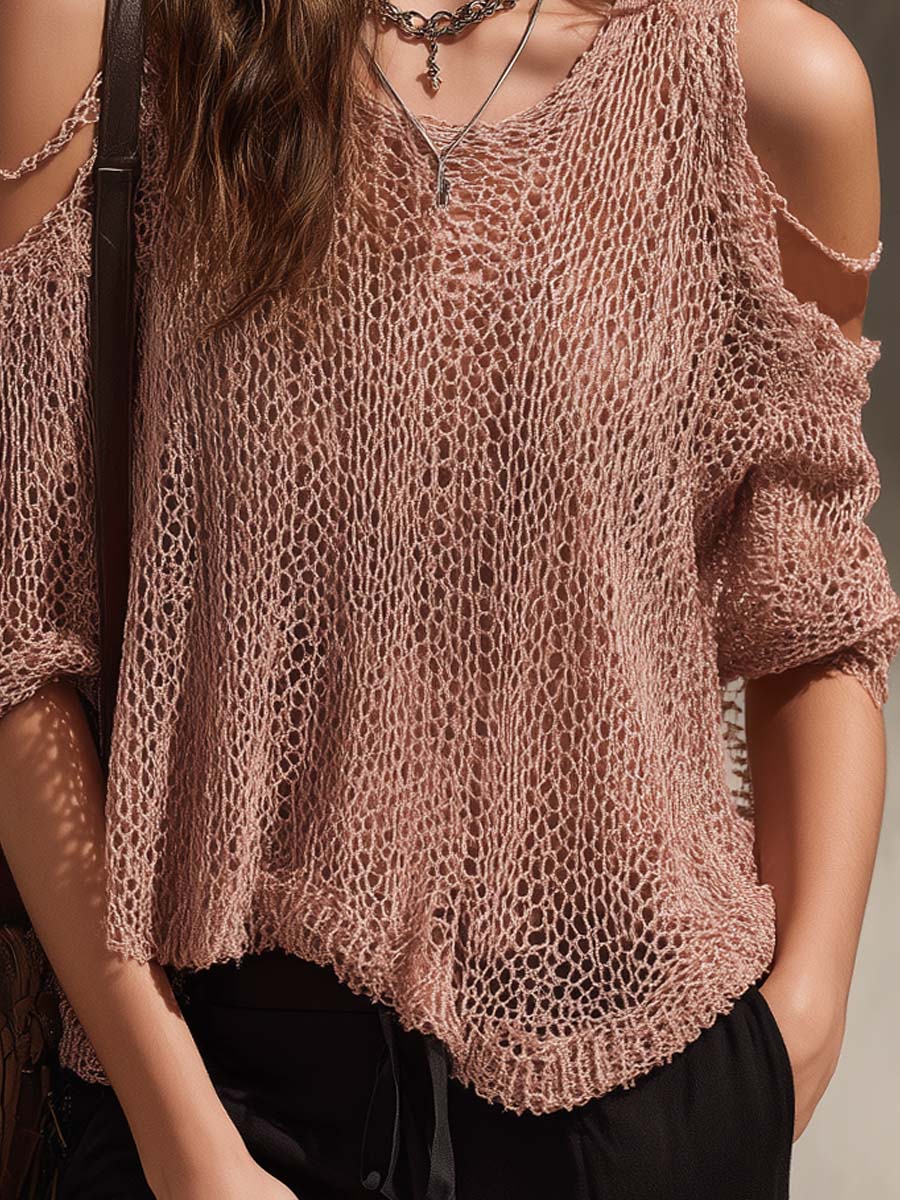 Retro Pink Cold-Shoulder Knitted Blouse