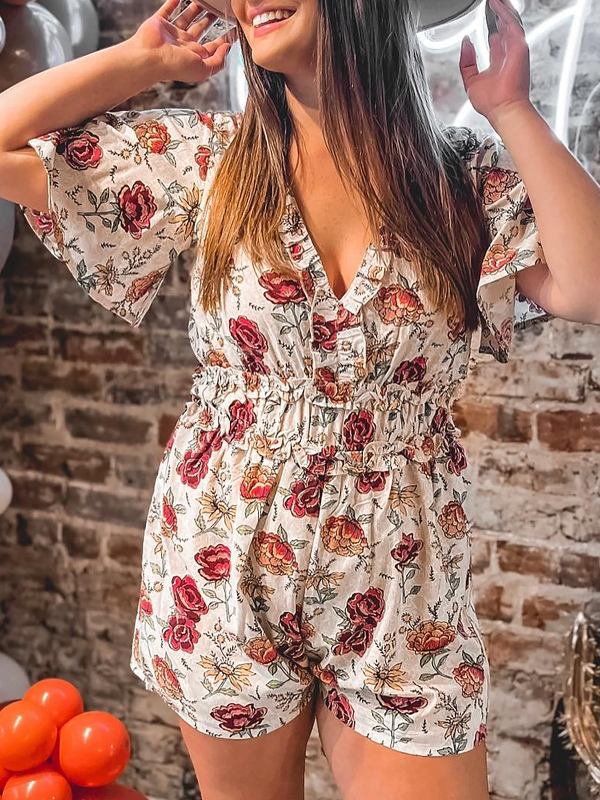 Retro Print V-Neck Floral Romper