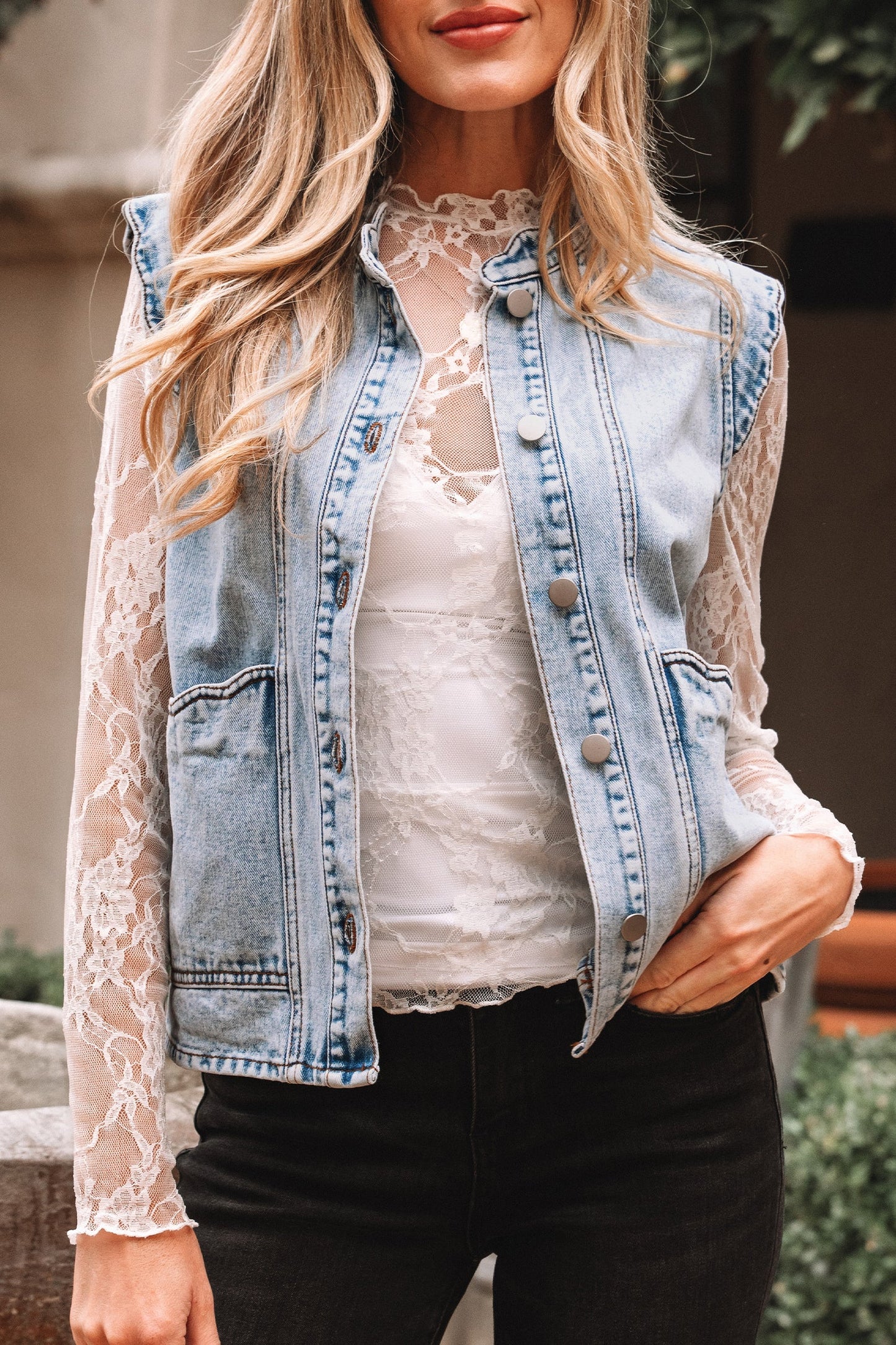 Beau Blue Scalloped Trim Patch Pocket Button Front Denim Vest