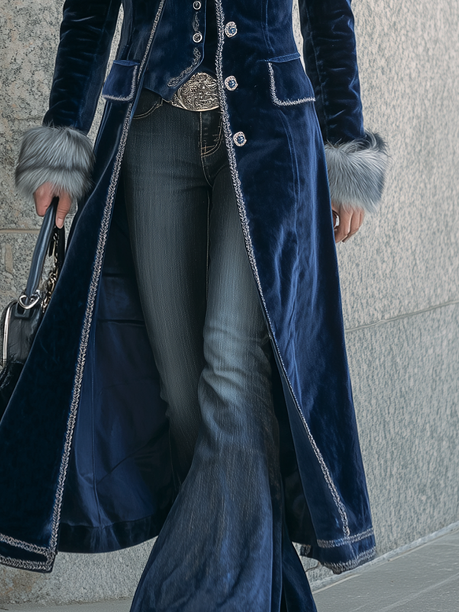 Vintage Detachable Fur Collar Polyester Velvet Jacket