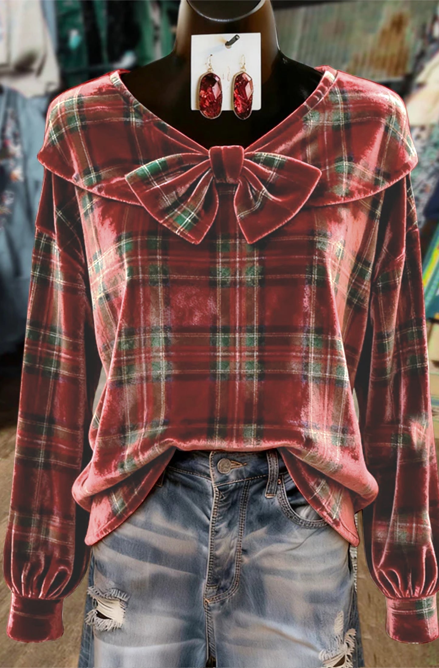 Holiday Plaid Bow Detailed Long Sleeve Velvet Top