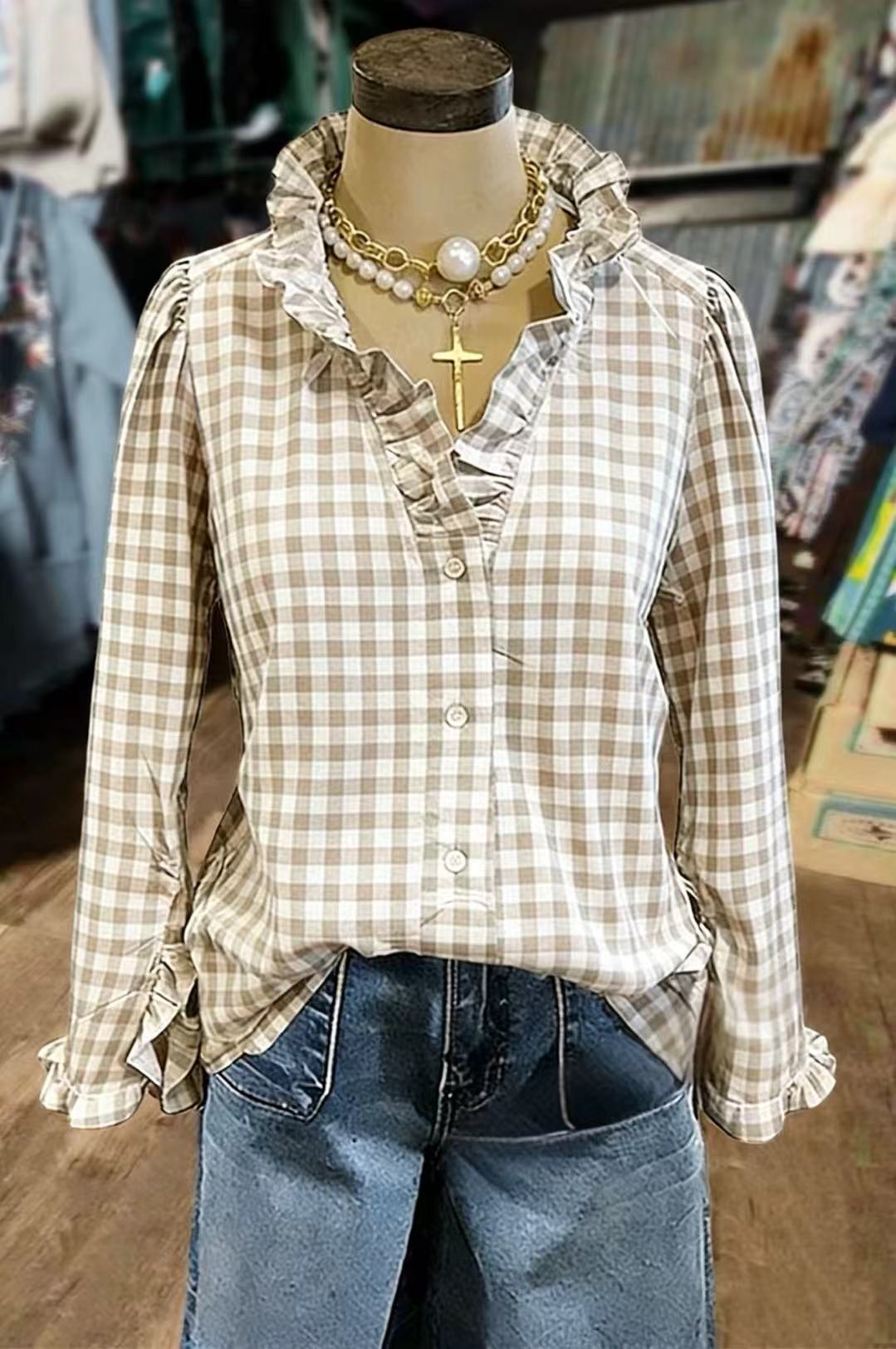 Casual Gingham Print Ruffle Neck Blouse