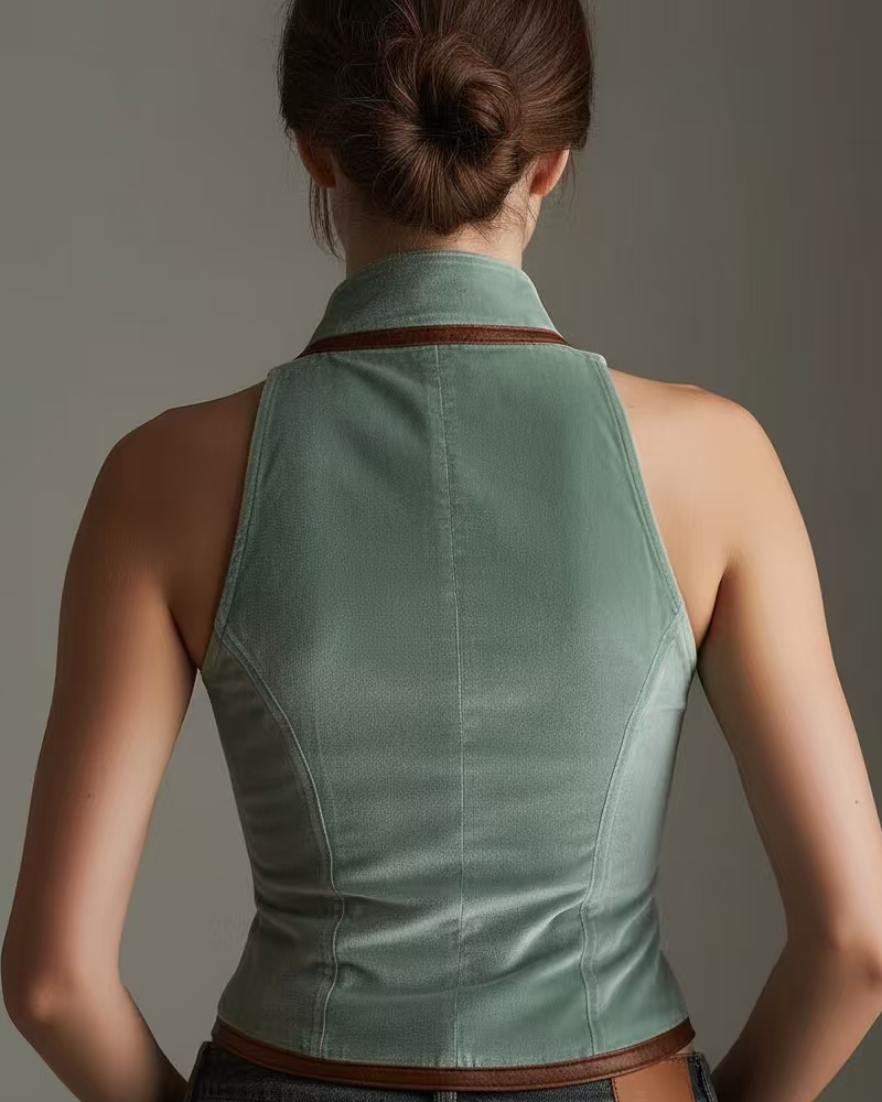 Sage Velvet And Contrast Leather Trim Slim Fit Vest