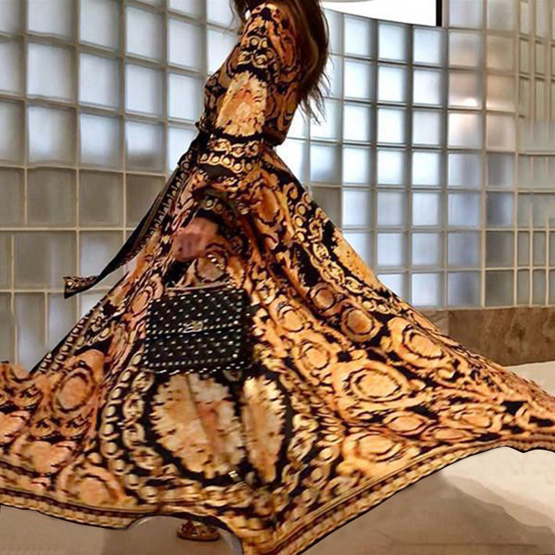 Boho Vintage Print V Neck Tie Waist Slit Maxi Dress
