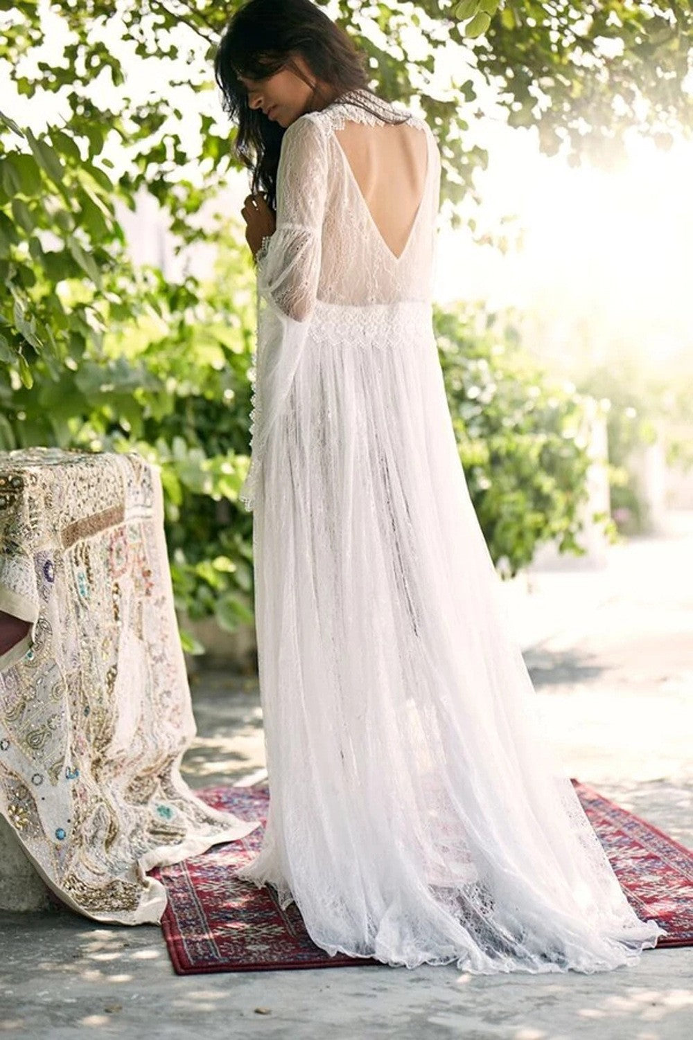 Bohemian Lace Sheer Bell Sleeve Tiered Maxi Wedding Dress