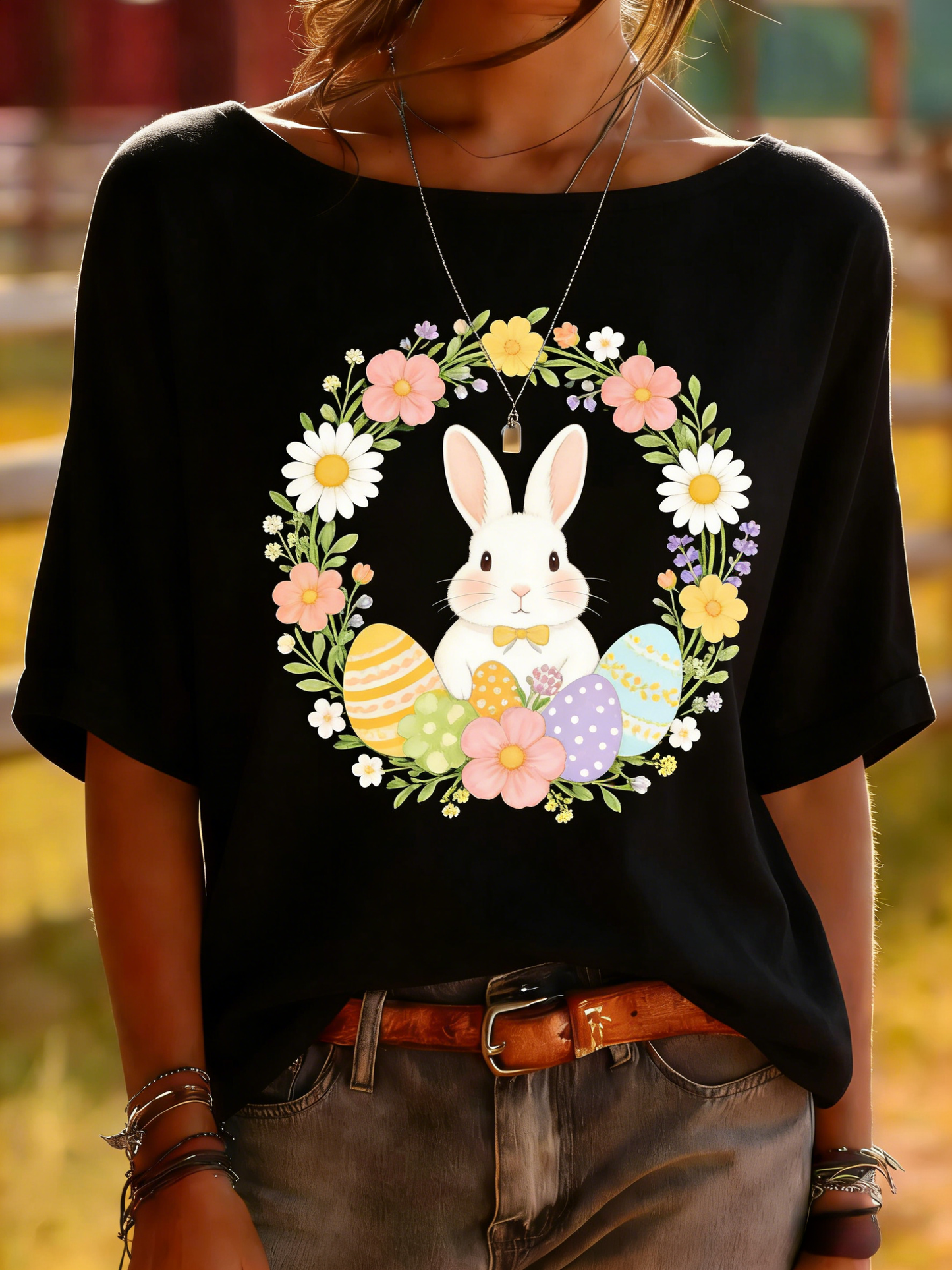 Black Easter Bunny Floral Wreath Print Top - Spring Holiday Tee