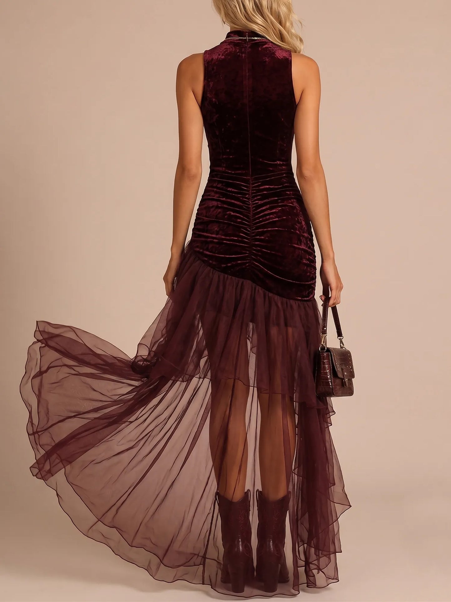 Reddish Brown Velvet Halter High-Low Tulle Maxi Dress