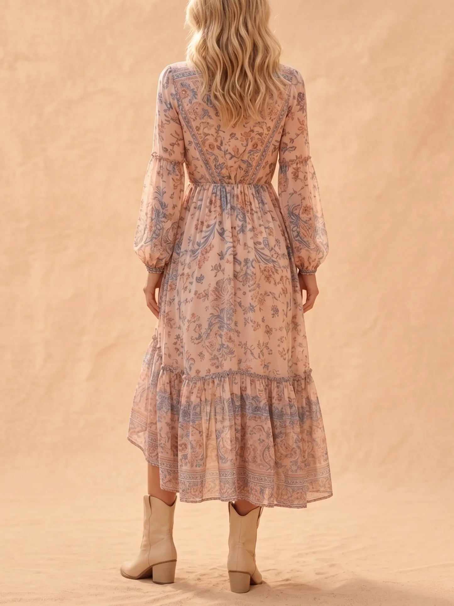 Western Dress — Charcoal Brown Plunging V-Neck Smocked Waist Chiffon Maxi Dress