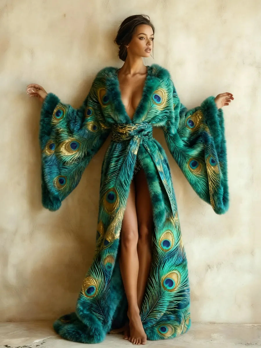 Abstract Art Print Kimono Long Gown Autumn and Winter Robe With Belt