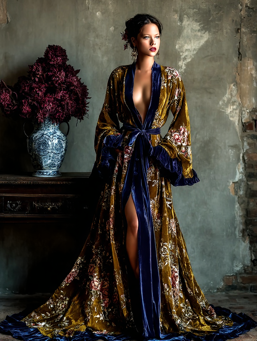 Women's Vintage Elegant Palace Floral Print Robe (belt Included)
